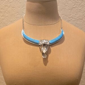 Silver and Blue Bull Skull Necklace